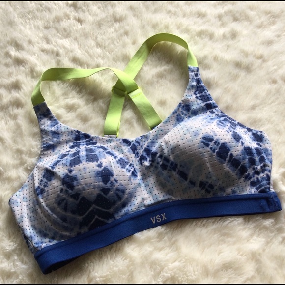 💕HP!💕 VSX | Blue White Neon Yellow Mesh Tie Dye Sports Bra - Picture 5 of 11